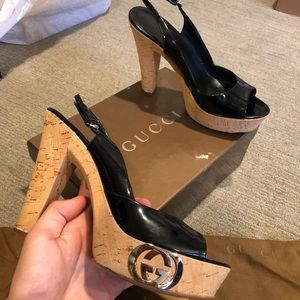 Gucci Patent Black Wedge Heel with Metal Logo